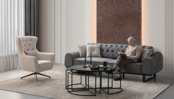 Grauer Chesterfield Dreisitzer Luxuriöser Polster Weißer Sessel 2tlg Set
