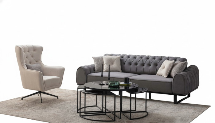 Grauer Chesterfield Dreisitzer Luxuriöser Polster Weißer Sessel 2tlg Set