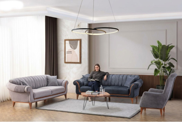 Blau-Graues Wohnzimmer Set Moderne Sofagarnitur 3+3+1 Sitzer Sessel Neu