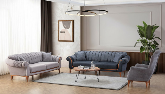 Blau-Graues Wohnzimmer Set Moderne Sofagarnitur 3+3+1 Sitzer Sessel Neu