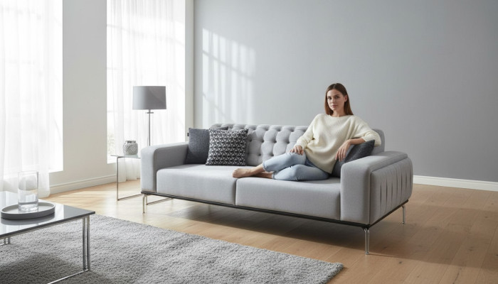 Moderner Chesterfield Hellgrauer 3-Sitzer Wohnzimmer Luxus Dreisitzer