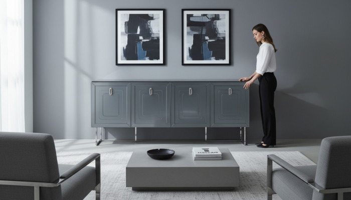 Graue Wohnzimmer Anrichte Luxus Holz Möbel 4-türige Designer Kommode