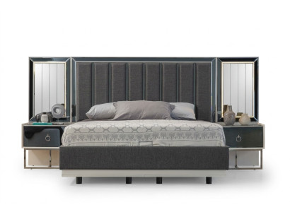 Graue Schlafzimmer Garnitur Edelstahlbett 2x Holz Nachttische 3tlg Set