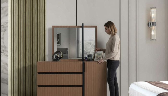 Moderne Braune Schlafzimmer Kommode 3x Schubladen 1-türig Holz Möbel