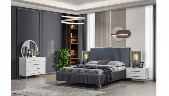 Stilvolle Schlafzimmer Garnitur Graues Doppelbett Holz Nachttische 5tlg