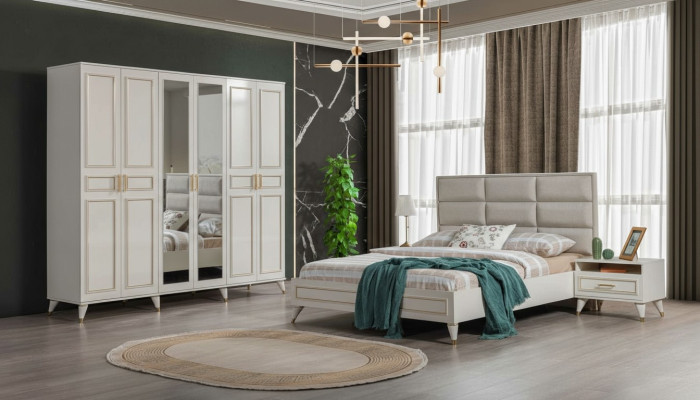 Weiße Schlafzimmer Möbel Holz Glasschrank Textil Doppelbett Nachttische