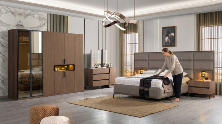 Braune Schlafzimmer Holz Möbel Textilbett Nachttische Kommode Schrank
