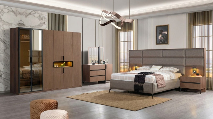 Braune Schlafzimmer Holz Möbel Textilbett Nachttische Kommode Schrank