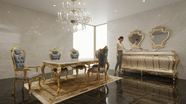 Luxuriöse Esszimmergarnitur Esstisch 6x Stühle Anrichte Vitrine Spiegel