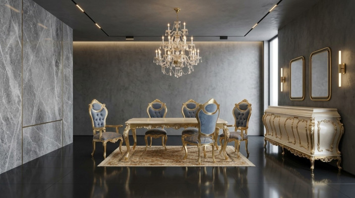 Luxuriöse Esszimmergarnitur Esstisch 6x Stühle Anrichte Vitrine Spiegel