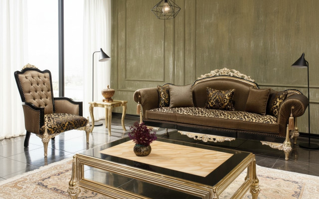 Braune Chesterfield Wohnzimmer Sofas 3-Sitzer Textilsessel Couchtisch