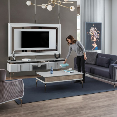 Designer Wohnzimmer Set 4tlg. Polstersofa TV Ständer Couchtisch Tische