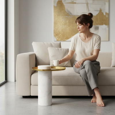 Stilvoller Runder Weißer Beistelltisch Luxus Couchtisch Wohnzimmer Möbel