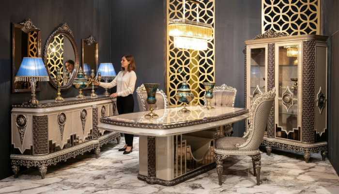 Klassischer Tauper Esszimmer Set Luxus Garnitur Esstisch Stühle Kommode