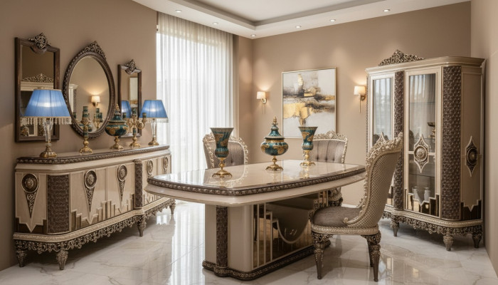 Klassischer Tauper Esszimmer Set Luxus Garnitur Esstisch Stühle Kommode