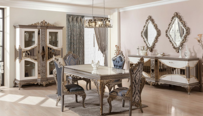 Weiß-Taupe Esszimmer Garnitur Esstisch Esszimmer Stühle Kommode Spiegel