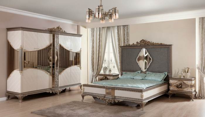 Weiß-Goldene Schlafzimmer Garnitur Doppelbett 2x Nachttische Schrank Set Bett