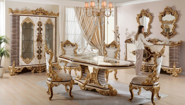 Goldene Klassische Esszimmer Garnitur Esstisch 6x Stühle Kommode Spiegel