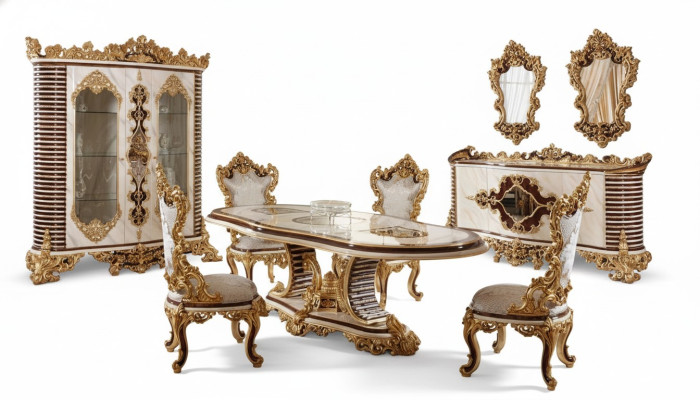 Goldene Klassische Esszimmer Garnitur Esstisch 6x Stühle Kommode Spiegel