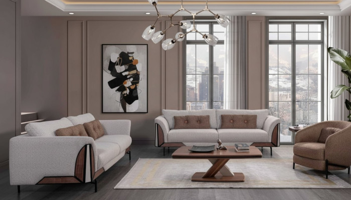 Braun-Graue Sofagarnitur 3+3+1 Couchtisch Komplettes Wohnzimmer Set