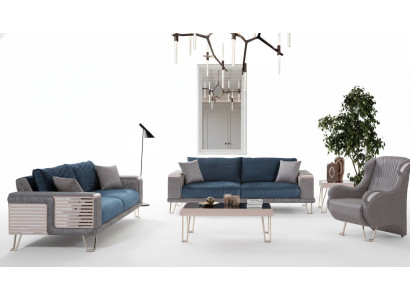 Sofagarnitur 3+3+1 Sitzer + Couchtisch Modern Textil Komplett Blau Neu