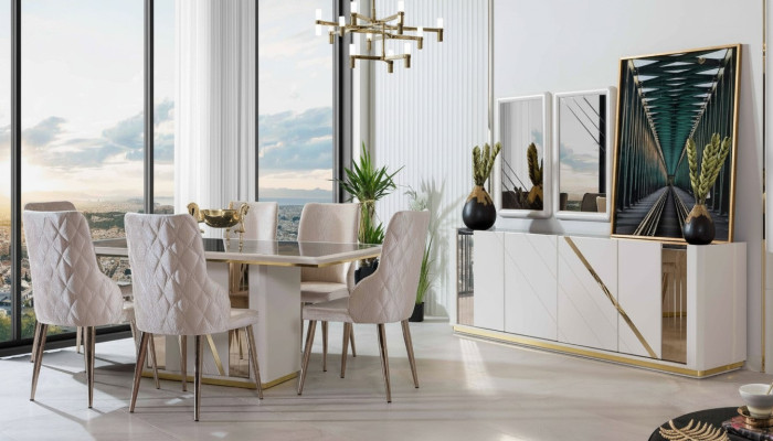 Beige Edelstahl Esszimmer Garnitur Designer Esstisch x6 Stühle Kommode