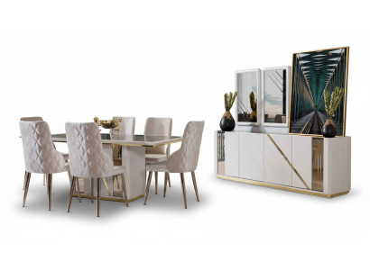 Beige Edelstahl Esszimmer Garnitur Designer Esstisch x6 Stühle Kommode