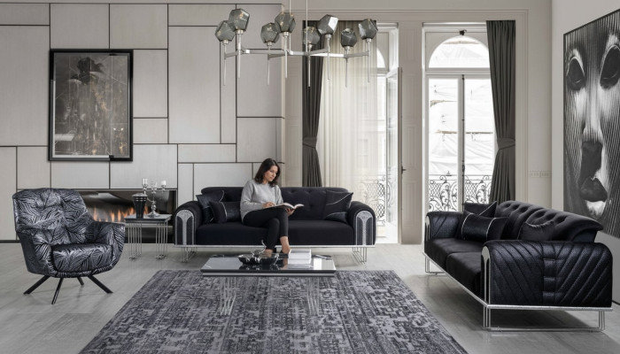 Schwarz-Graue Wohnzimmer Sitzgarnitur 3-Sitzer Sessel Sofagarnitur 3tlg