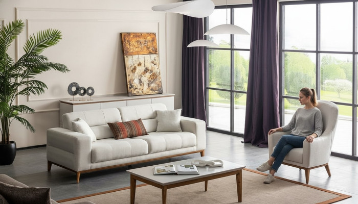 Weiße Exklusive Wohnzimmer Textil Garnitur 3-Sitzer Luxus Sessel 2tlg