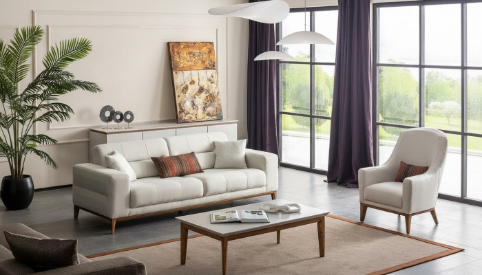 Weiße Exklusive Wohnzimmer Textil Garnitur 3-Sitzer Luxus Sessel 2tlg