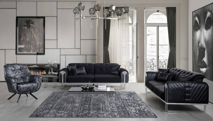  Schwarze Wohnzimmer Sofagarnitur 2x Dreisitzer Designer Polster Sessel
