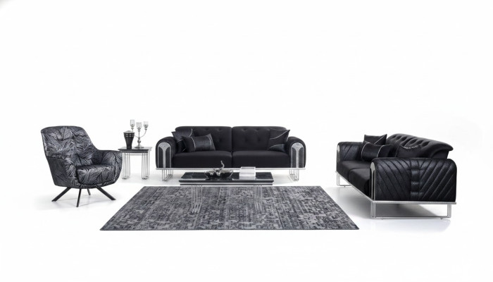  Schwarze Wohnzimmer Sofagarnitur 2x Dreisitzer Designer Polster Sessel