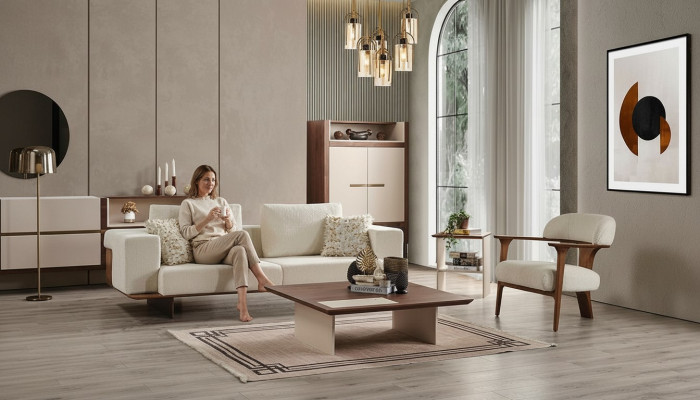 Modern Weiß Sofagarnitur 3 1 Sitzer Textil Holz Sessel Komplett Set neu