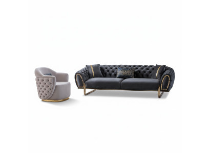 Schwarz-Weiße Chesterfield Sitzgarnitur Luxuriöser 3-Sitzer Einsitzer