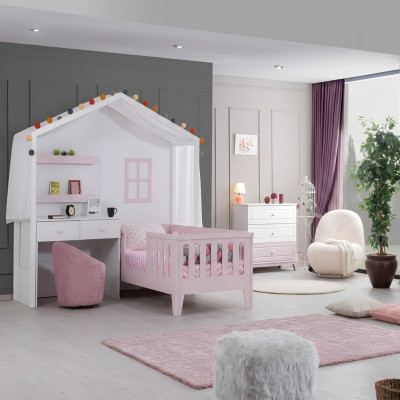 Komplette Kinderzimmer Garnitur Designer Kinderbett mit SchreibtischWeiß Kommode