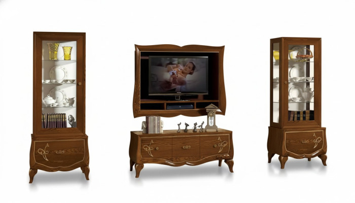 Wohnwand RTV Lowboard TV-Rahmen 2x Vitrine Braun Wohnzimmer Set 4tlg