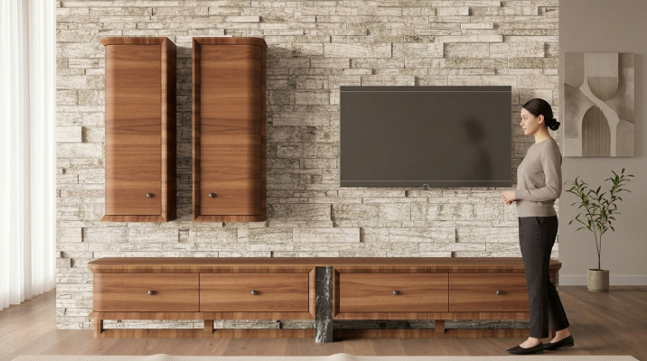 Komplett Wohnwand Wohnzimmer TV-Ständer 2x Wandschrank Holzmöbel