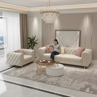Set 2 tlg Wohnzimmer Sofagarnitur doppelt Sofa Couch Modern Sessel Leder