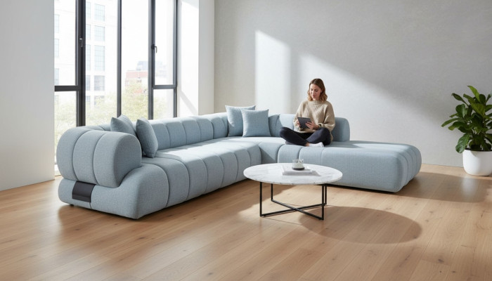 Graues Stoff Ecksofa L-Form Couch Designer Polster Möbel Holzgestell