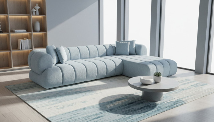 Graues Stoff Ecksofa L-Form Couch Designer Polster Möbel Holzgestell