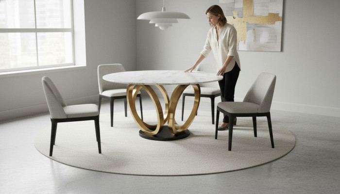 Stilvoller Weißer Runder Esstisch mit Edelstahlfuß Marmorplatte Design
