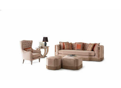 Luxus Wohnzimmer Schiker Sofa 4 Sitzer Sessel mit 2x Hocker Stilvolle Möbel
