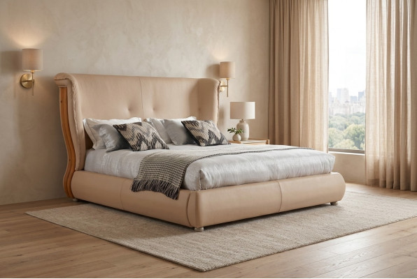 Beiges Bett Schlafzimmer Betten Doppelbetten Holz Möbel Lederbetten