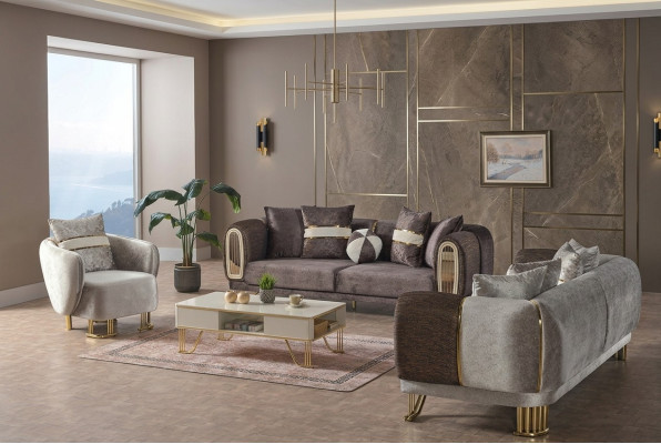 Sofagarnitur 3+3+1 Sitzer Wohnzimmer Set Komplett Textil Sofa Sessel Holz