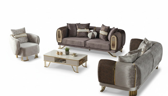 Sofagarnitur 3+3+1 Sitzer Wohnzimmer Set Komplett Textil Sofa Sessel Holz