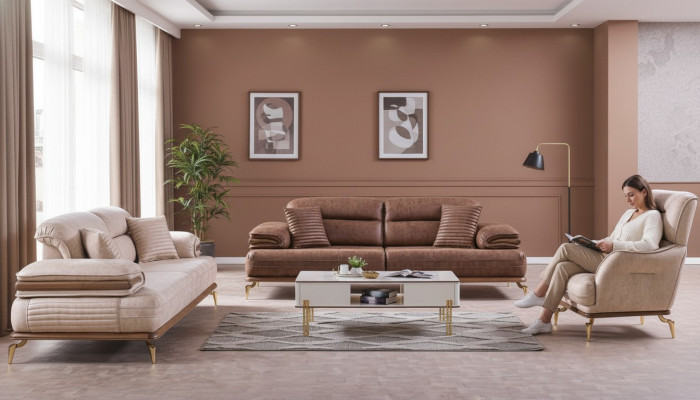 Möbel Wohnzimmer set 3+3+1 Sitzplätzen Sofagarnitur 2x Sofas Sessel Braun