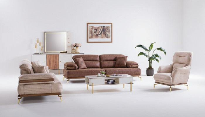 Möbel Wohnzimmer set 3+3+1 Sitzplätzen Sofagarnitur 2x Sofas Sessel Braun