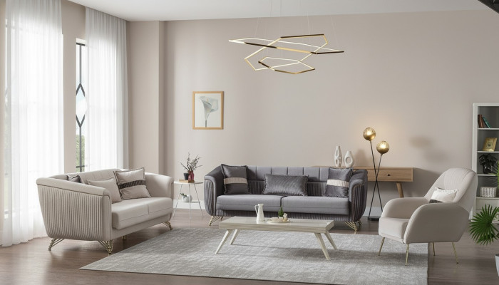 Designer Sofagarnitur 3+3+1 Sitzer Couch Polster Sitzgarnitur Samt Set Grau
