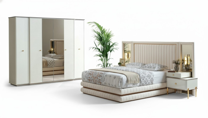 Schlafzimmer Set Bett 2x Nachttische Kleiderschrank Design Möbel 4 tlg. Beige