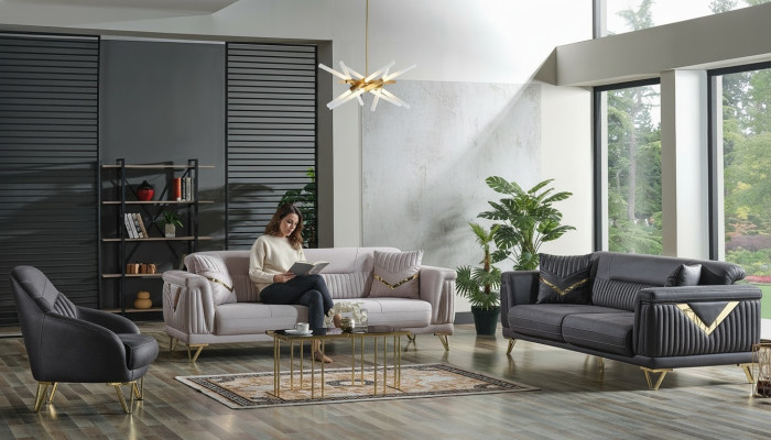 Sofagarnitur 3+3+1 Sitzer Textil Holz Sofa 3 Sitzer Modern Sessel Komplett Set Neu